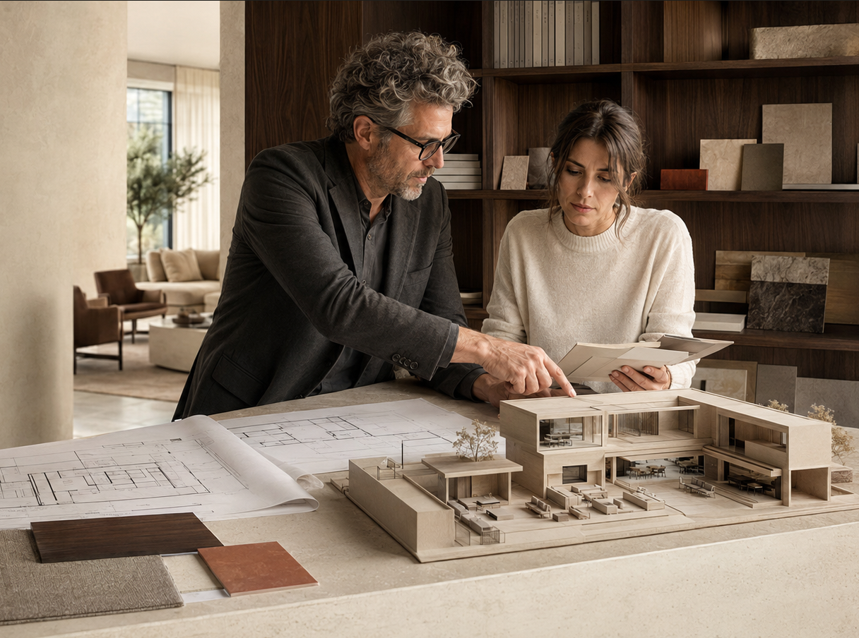 Intirium design consultation, architect and client reviewing plans