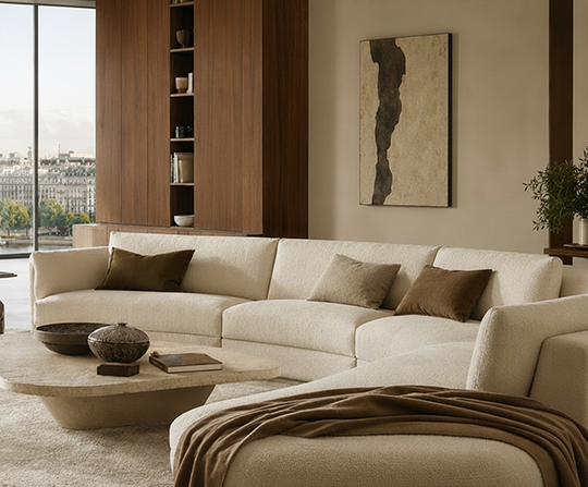 Luxury Italian furniture in a New York loft with skyline view