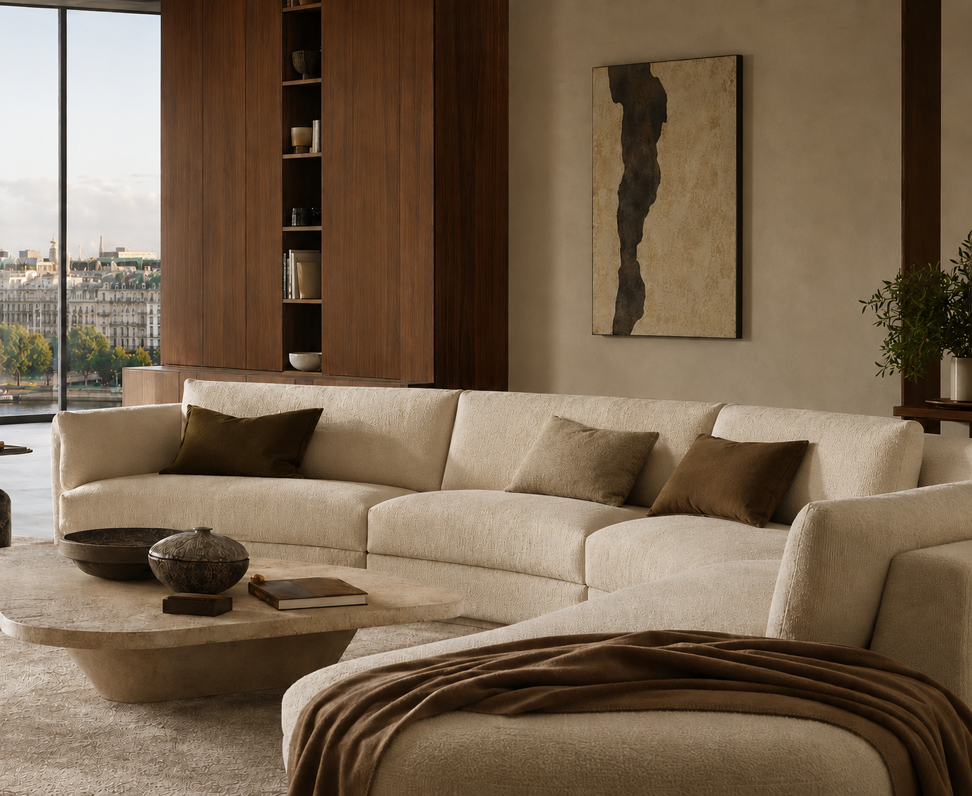 Luxury Italian furniture in a New York loft with skyline view